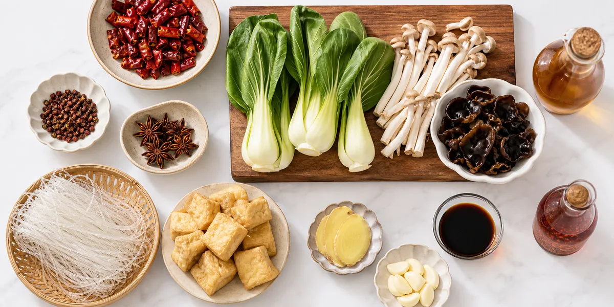 Flat-lay of authentic malatang ingredients: Sichuan peppercorns, star anise, dried chili, glass noodles, bok choy, wood ear mushrooms, and more