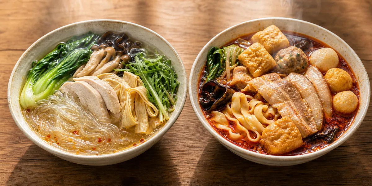 Side-by-side comparison of a healthy build (clear broth, glass noodles, vegetables, chicken breast) vs. a hearty build (málà broth, knife-cut noodles, pork belly, fish balls)