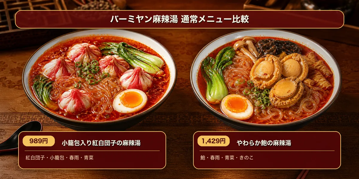 百味屋常規菜單兩款（附小籠包紅白湯圓麻辣燙／軟嫩鮑魚麻辣燙）的說明圖表