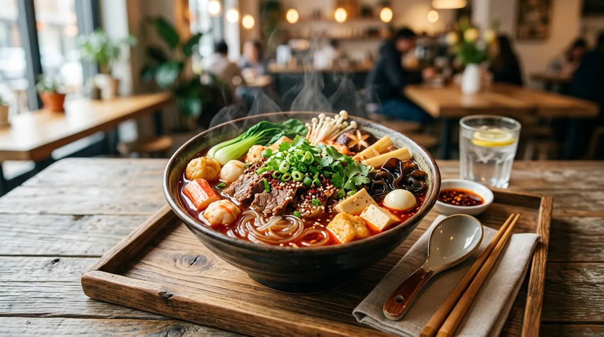 A finished malatang bowl with a well-balanced selection of toppings