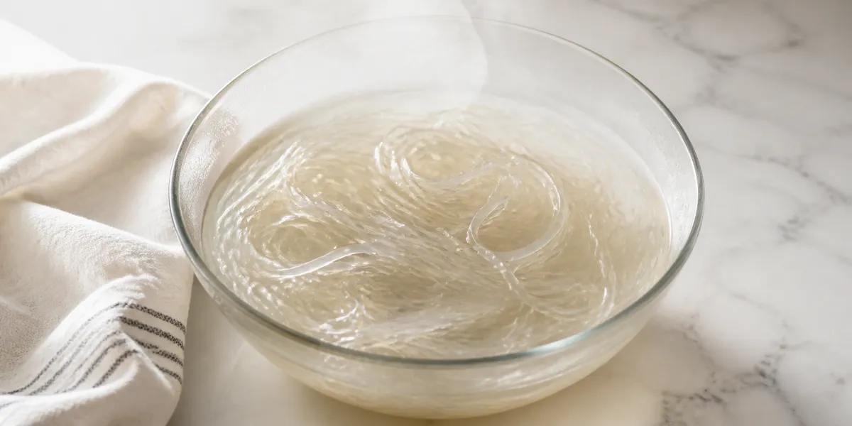 Glass noodles soaking in warm water in a bowl