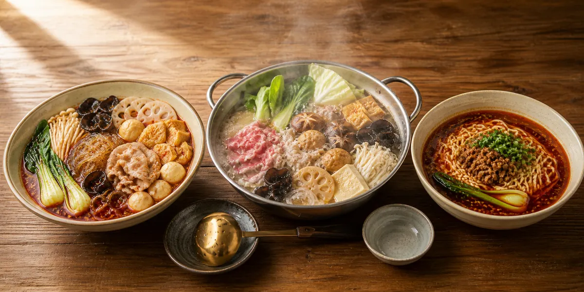 麻辣烫、火锅、担担面并排比较。左为麻辣烫，中为火锅，右为担担面