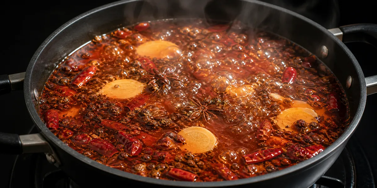 Broth simmering in a pot with Sichuan peppercorns and star anise floating on the surface