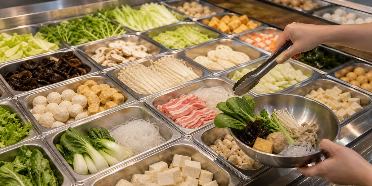 麻辣烫店自助按重量计价的展示柜。顾客用夹子将托盘中的食材夹入碗中的场景