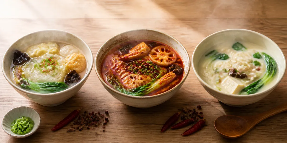 Side-by-side comparison of three broth types: clear broth, málà broth, and soy-milk málà