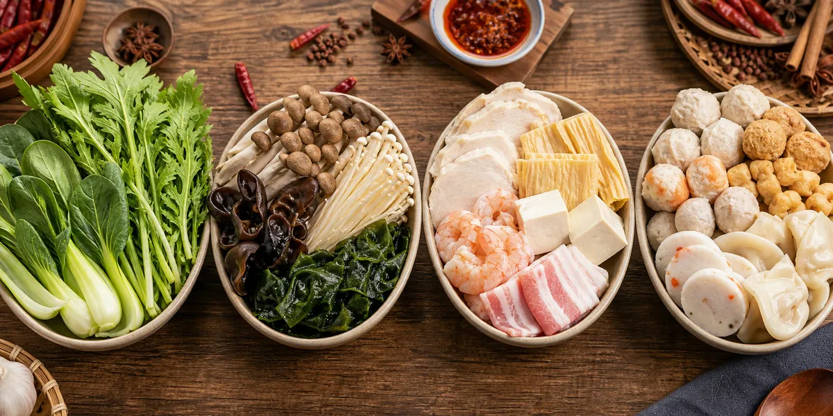 Four topping categories: leafy greens, mushrooms & seaweed, proteins, and processed items