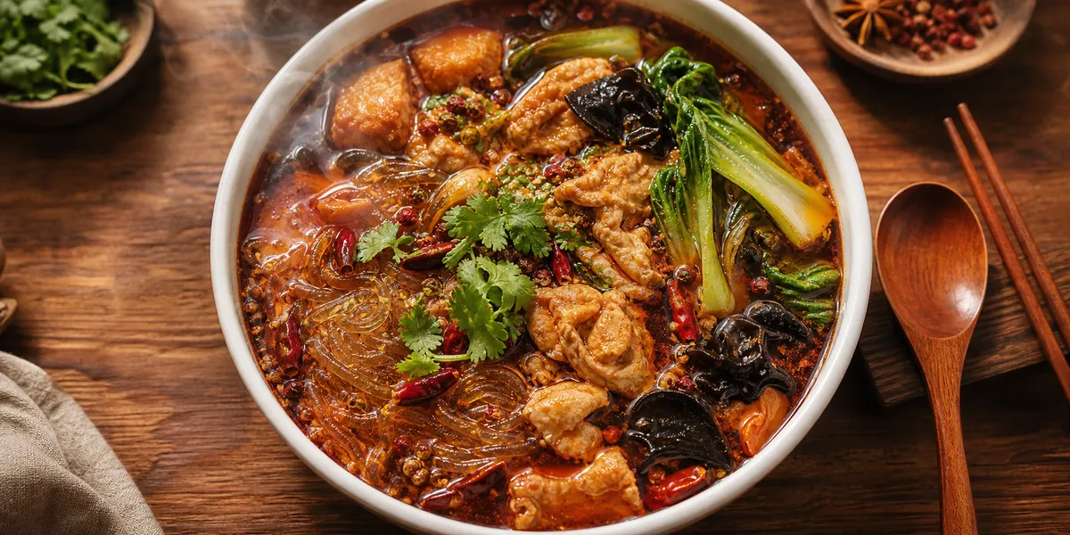 Overhead shot of authentic malatang. The red of Sichuan peppercorns, glass noodles, and bok choy are visible