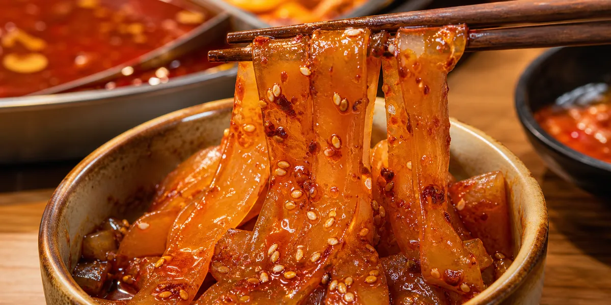 Close-up of bunmoja coated in málà sauce, emphasizing the chewy, springy texture