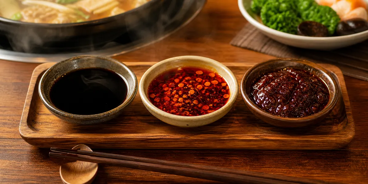 Small dish setup with three flavor-change condiments: black vinegar, málà chili oil, and málà sauce