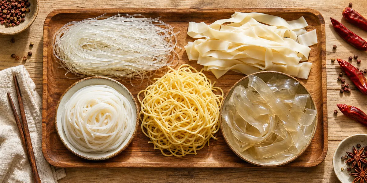 A lineup of typical malatang noodle options: glass noodles, rice noodles, knife-cut noodles, Chinese wheat noodles, and wide starch noodles