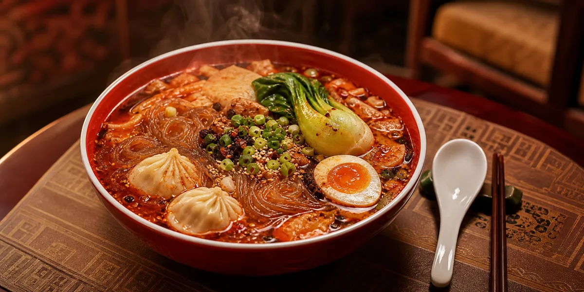 放在百味屋風格中式餐桌上的麻辣燙碗。俯瞰可見冬粉、小籠包、香菜、雞蛋，熱氣騰騰