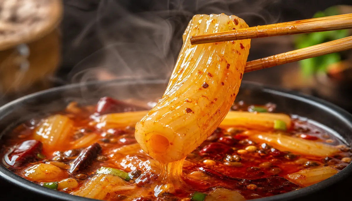 Chopsticks lifting a piece of bunmoja from a bright red málà broth, showing the chewy elasticity and the broth coating the noodle