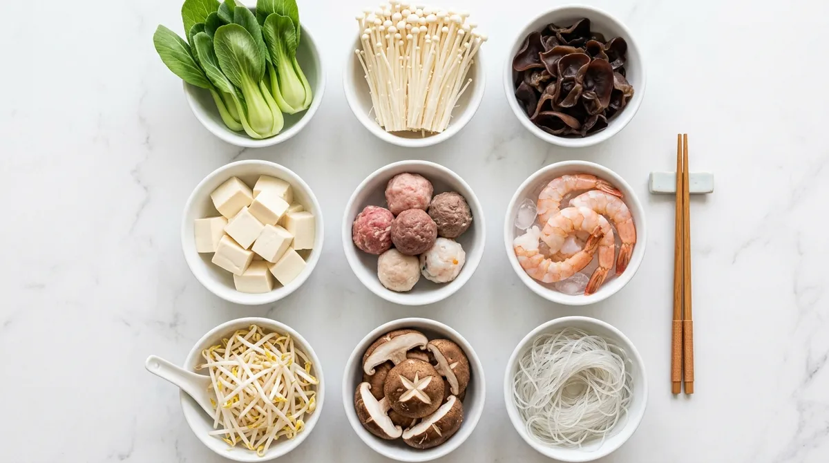An overhead flatlay of malatang toppings
