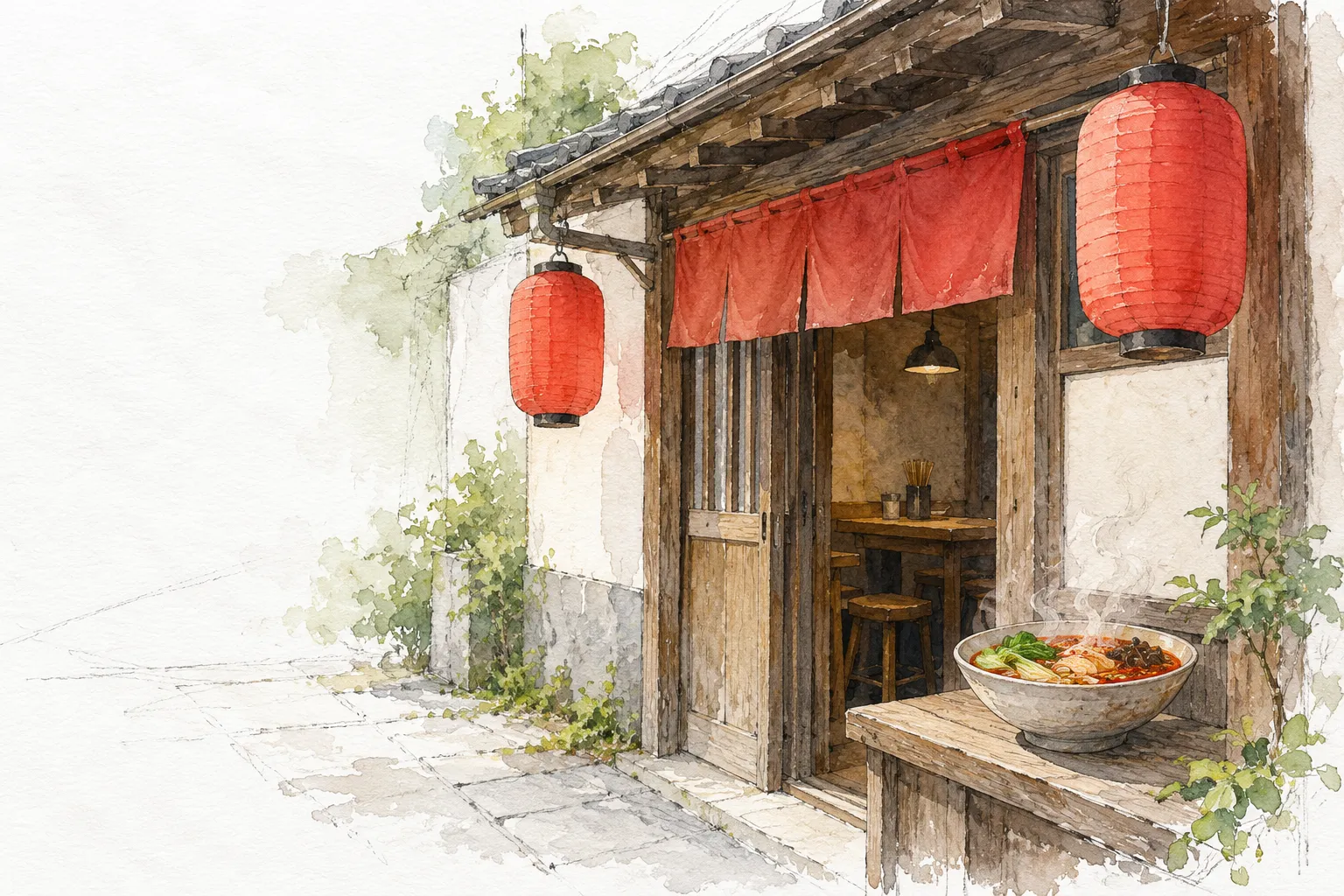 赤い提灯とのれんのかかった麻辣湯の店先の水彩画